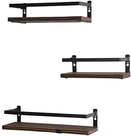 PHUNAYA Floating Shelves Rustic Wood Metal Design Set of 3 Brown