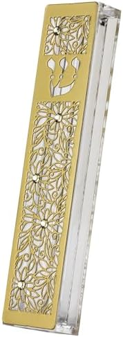 Gold Plated Acrylic Mezuzah Case with Flowers and Crystals