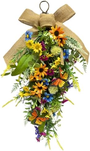 Pre-Lit Teardrop Wreath with Sunflowers and Daisies