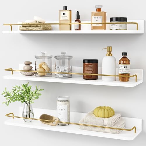 Forbena 24 Inch Floating Shelves Set of 3 Gold and White