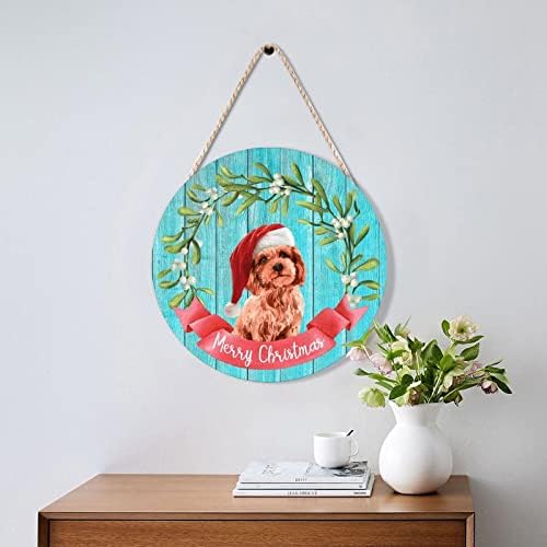 Farmhouse Door Hanger Funny Dog Santa Hat Holly Wreath Wood Sign