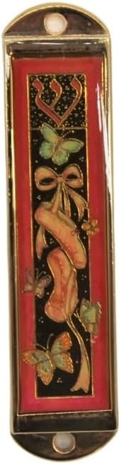 Ceramic Mezuzah Case with Gold-Red Butterflies Design