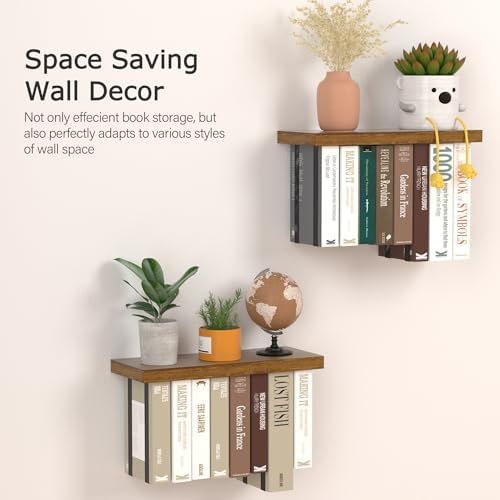 Tohiasen Floating Book Shelves Set of 2 Brown Wood Wall Mount