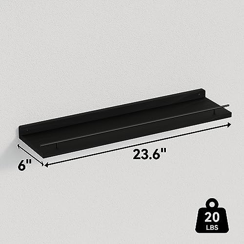 WOPITUES Floating Shelves 24 Inch Set of 3 with Gold Metal Guardrail - Black