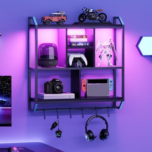 HOOBRO 3-Tier Floating Gaming Shelf with LED Lights Black