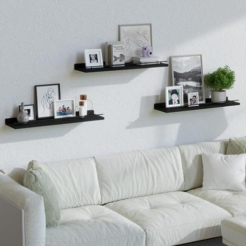 WOPITUES Floating Shelves 24 Inch Set of 3 with Gold Metal Guardrail - Black