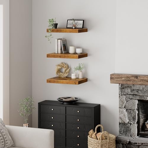 QEEIG 3 Piece 10 Inch Floating Shelves - Rustic Brown