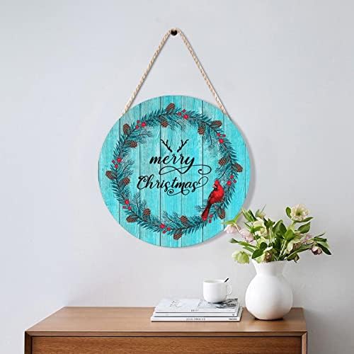 Farmhouse Front Door Hanger Red Bird Wreath Christmas Wood Sign