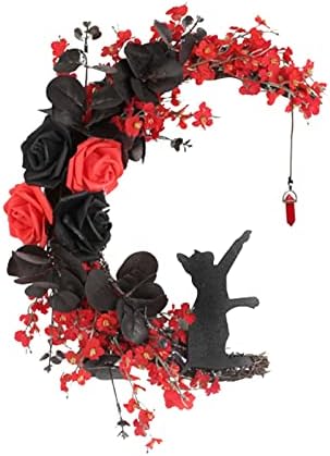 Lighted Cat Wreath with Purple Flowers and Celestial Door Hanger