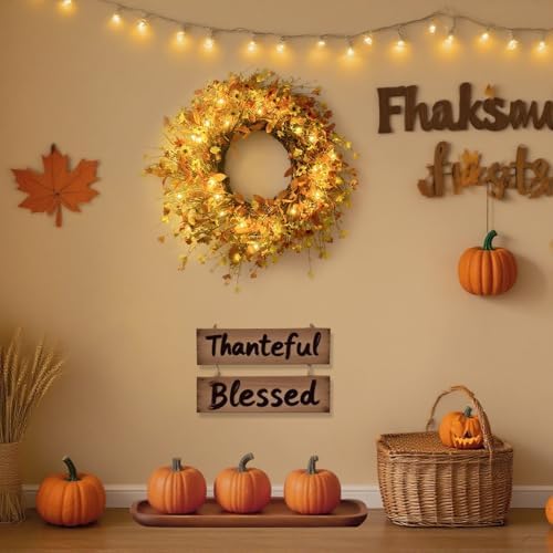 Fall Wreath for Front Door with LED Light Timer