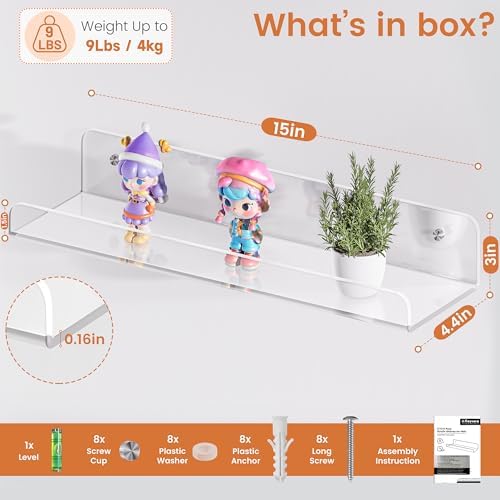 Clear Floating Shelves for Wall 15 Inch 4 Pack
