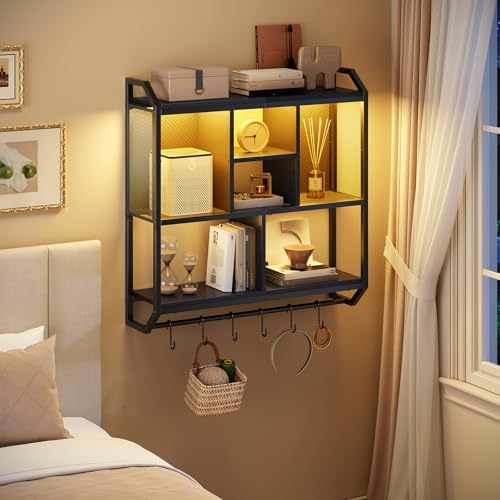 HOOBRO 3-Tier Floating Gaming Shelf with LED Lights Black
