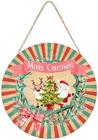 Funny Farmhouse Door Hanger Santa Reindeer Wreath Sign 10x10in