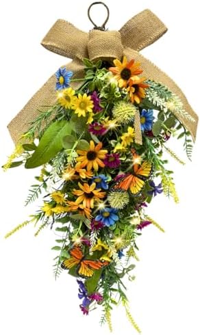 Pre-Lit Teardrop Wreath with Sunflowers and Daisies