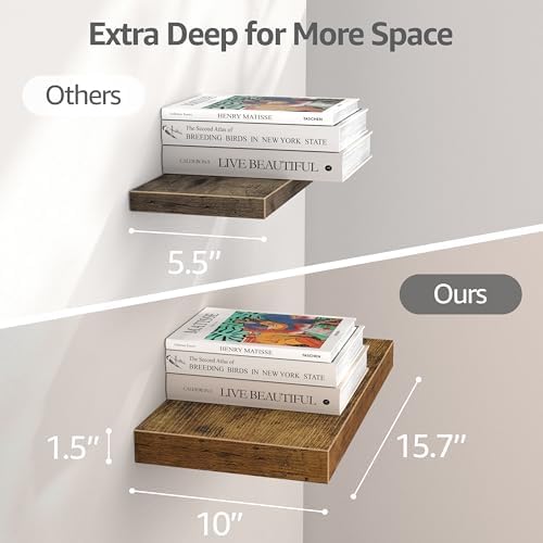QEEIG 3 Piece 10 Inch Floating Shelves - Rustic Brown