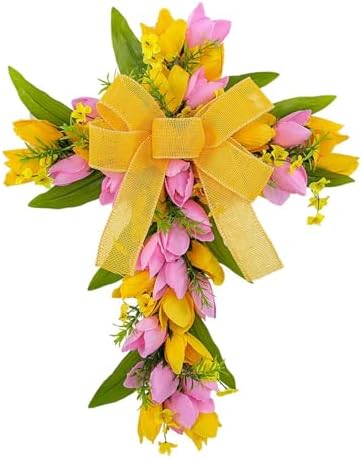 Easter Cross Wreath Artificial Flower Garland Spring Door Wreath Pink Yellow Tulip