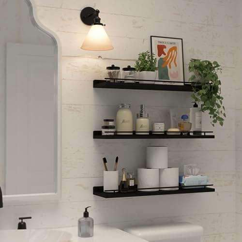 WOPITUES Floating Shelves 24 Inch Set of 3 with Gold Metal Guardrail - Black
