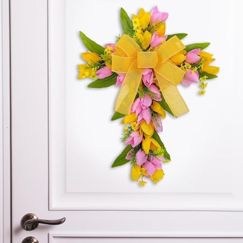 Easter Cross Wreath Artificial Flower Garland Spring Door Wreath Pink Yellow Tulip