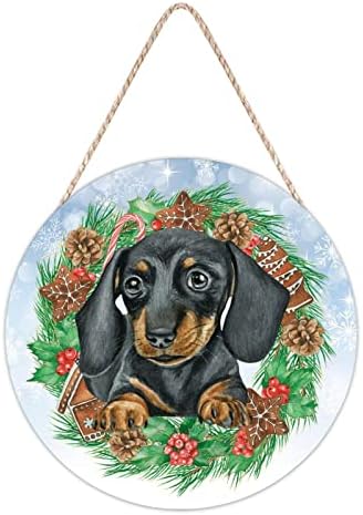 Farmhouse Front Door Hanger Christmas Dog Santa Hat Wreath Wood Sign