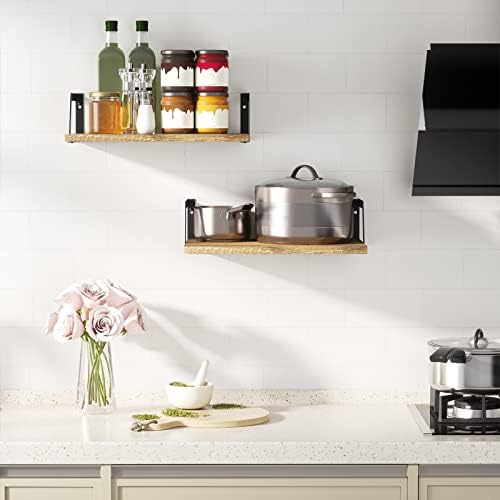 SRIWATANA Floating Shelves Wall Mounted Set of 2 Rustic Wood Carbonized Black