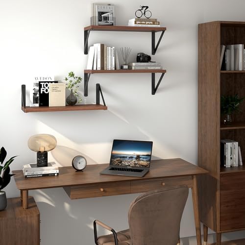 Heimlove Floating Shelves Set of 3 16 Inch Walnut Wood Wall Shelves