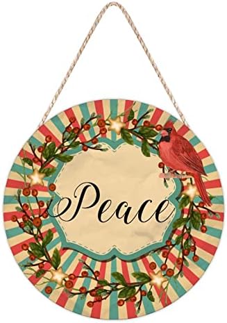 Farmhouse Door Hanger Red Birds Holly Christmas Peace Wood Sign 10x10in