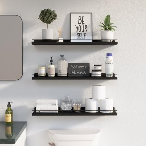 WOPITUES Floating Shelves 24 Inch Set of 3 with Gold Metal Guardrail - Black