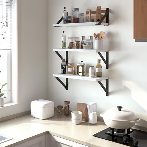 Heimlove Floating Shelves Set of 3 16 Inch White Wood Wall Mount