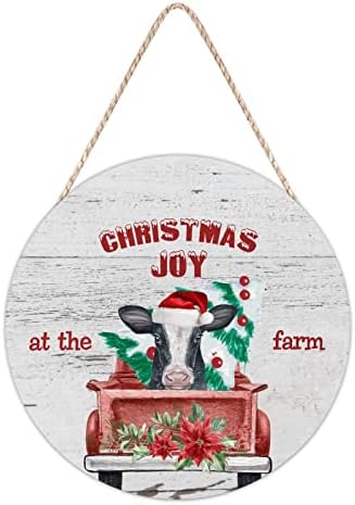 Farmhouse Front Door Hanger with Santa Cow Christmas Wood Sign