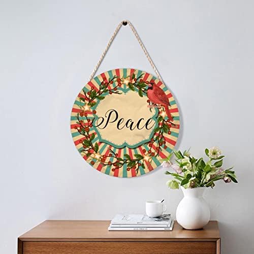 Farmhouse Door Hanger Red Birds Holly Christmas Peace Wood Sign 10x10in