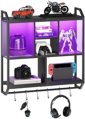 HOOBRO 3-Tier Floating Gaming Shelf with LED Lights Black