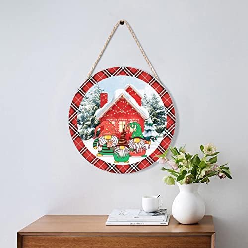 Farmhouse Door Hanger Red Plaid Winter Scene Cute Gnome Wood Sign