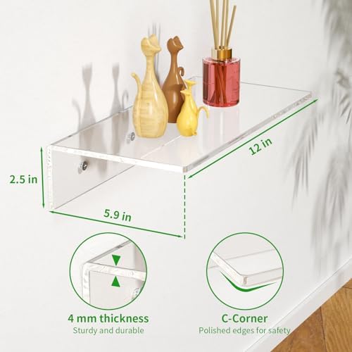 FEMELI 2 PCS 12 Inch Clear Acrylic Floating Shelves for Display