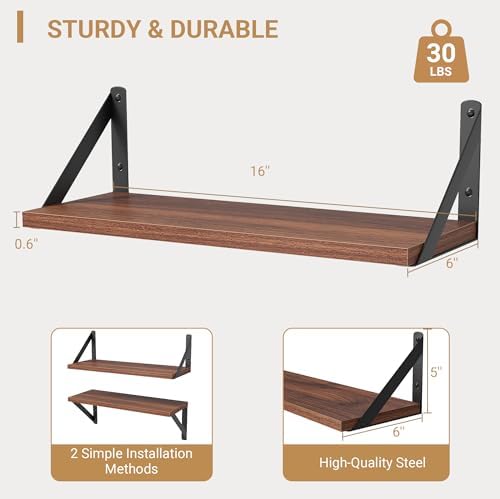 Heimlove Floating Shelves Set of 3 16 Inch Walnut Wood Wall Shelves