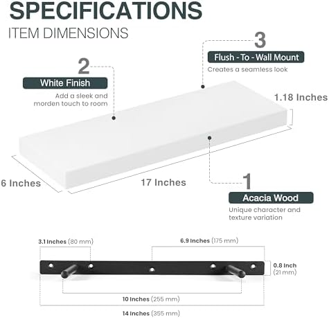 BATODA Set of 2 17 Inch White Floating Shelves Wall Mounted
