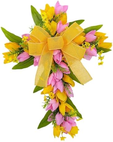 Easter Cross Wreath Artificial Flower Garland Spring Door Wreath Pink Yellow Tulip