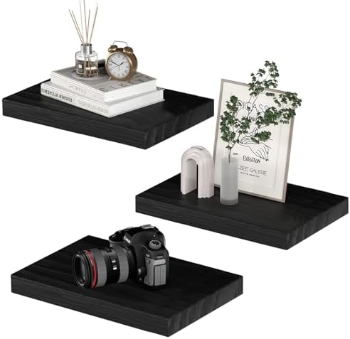 Set of 3 Floating Wall Shelves Black 12x9 Inch