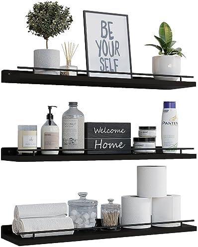 WOPITUES Floating Shelves 24 Inch Set of 3 with Gold Metal Guardrail - Black