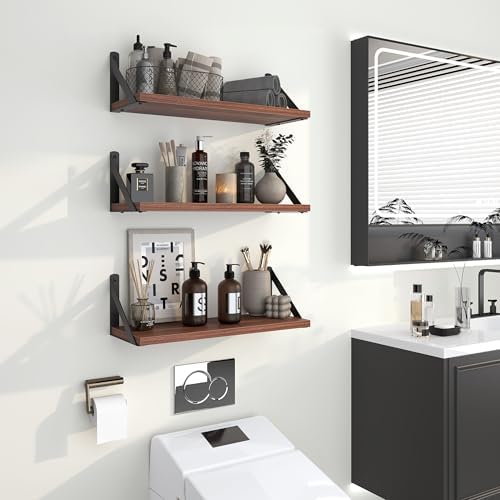 Heimlove Floating Shelves Set of 3 16 Inch Walnut Wood Wall Shelves