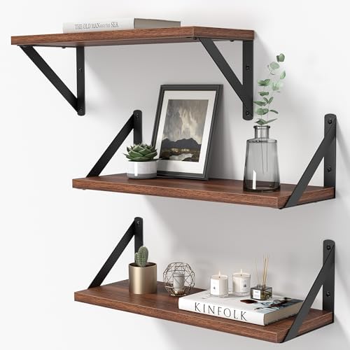 Heimlove Floating Shelves Set of 3 16 Inch Walnut Wood Wall Shelves