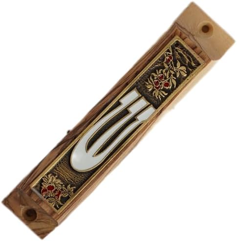 Traditional Handmade Olive Wood Mezuzah Case with Enamel Plate and Non-Kosher Scroll