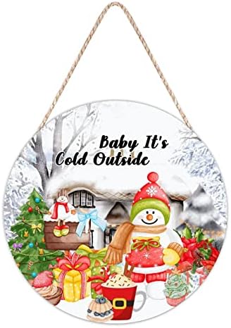 Farmhouse Front Door Hanger Winter Snowy Scene 12x12in Wood Sign