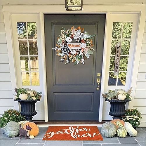 Vofuly Fall Wreath with White Pumpkin and Ribbon Bow