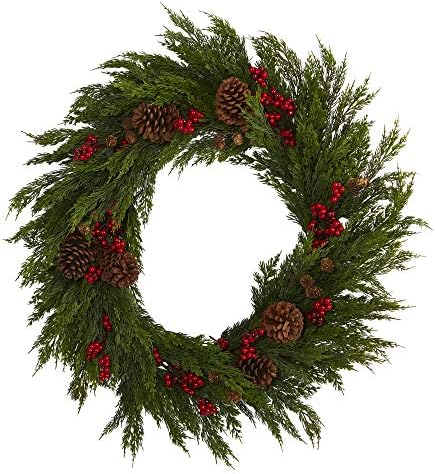 Nearly Natural 32in Cypress Berries Pine Cones Artificial Wreath