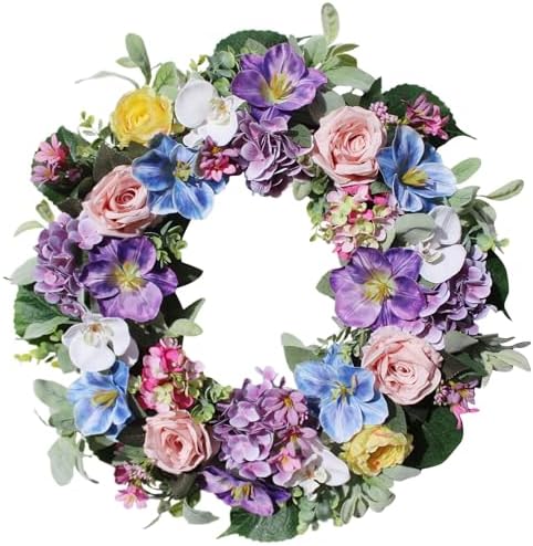 24 Inch Spring Summer Door Wreath with Purple Hydrangea and Pink Roses