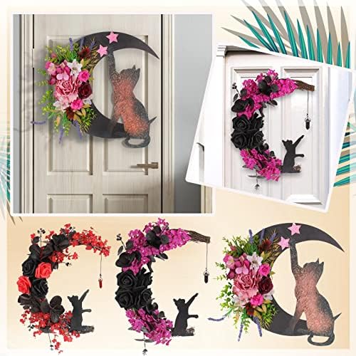 Lighted Cat Wreath with Purple Flowers and Celestial Door Hanger