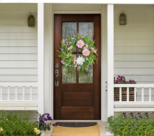 20 Inch Pink Dahlia Artificial Spring Wreath for Front Door