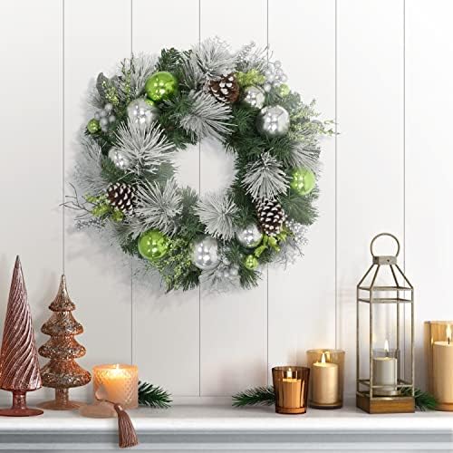 24 Inch Artificial Christmas Wreath with Green and Silver Decor