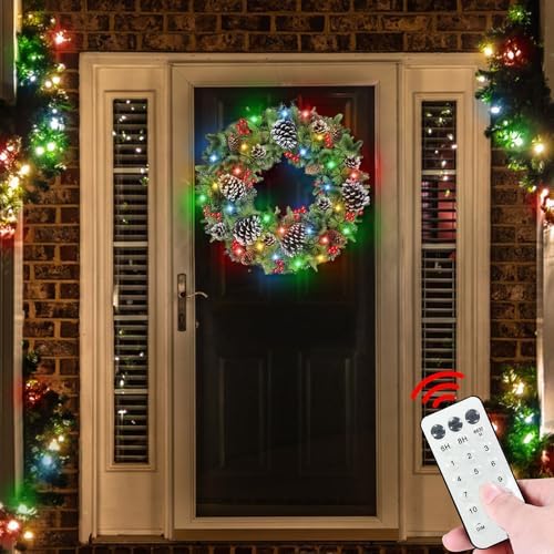 30 Inch Thick Pre-Lit Christmas Wreath with 70 Lights and Remote Control
