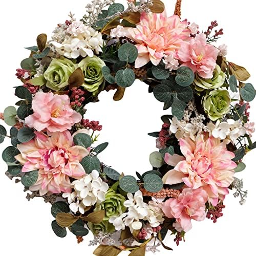 TEMPUS 18 Inch Fall Wreath Artificial Silk Dahlia Rose Decor